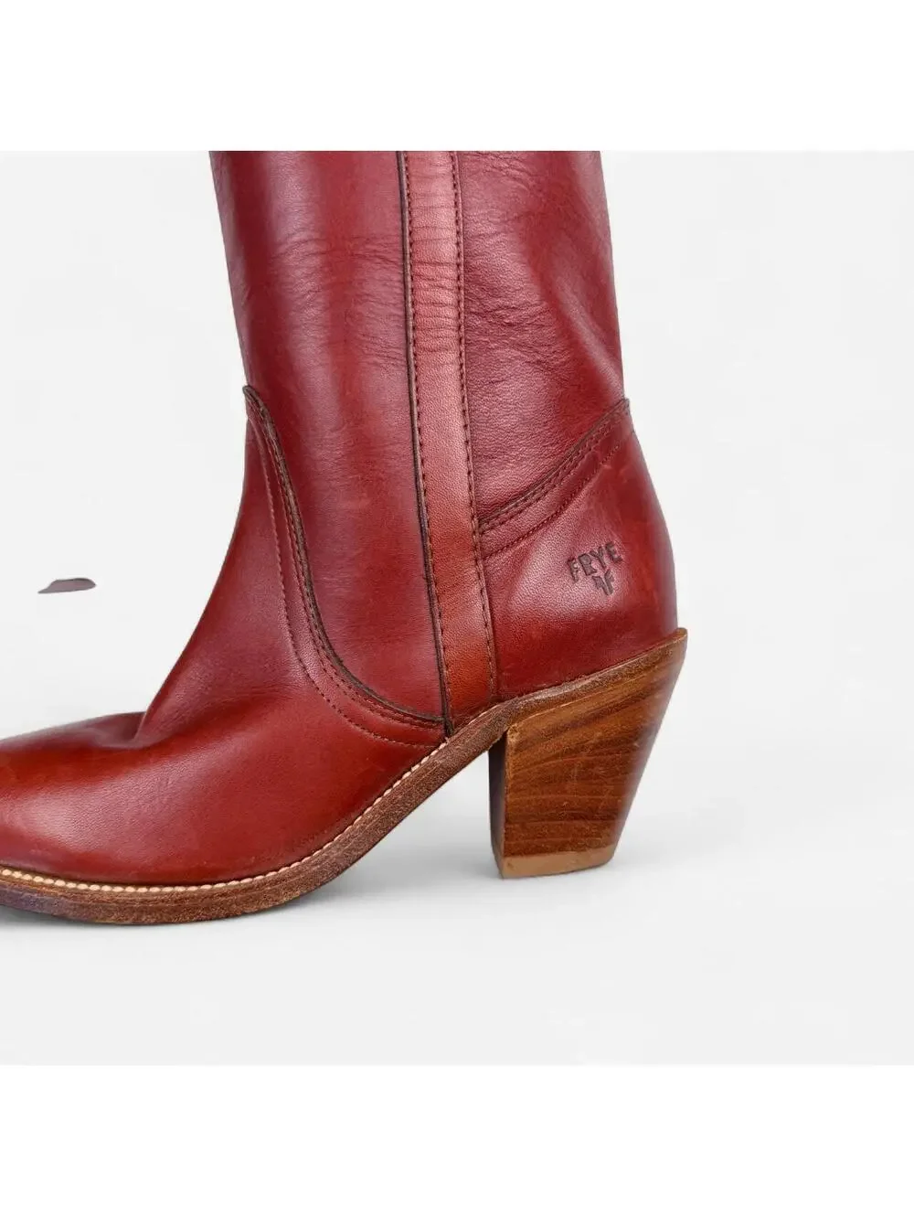 Frye 70s Campus Boots Tall Leather Stacked Heel in Oxblood Burgundy